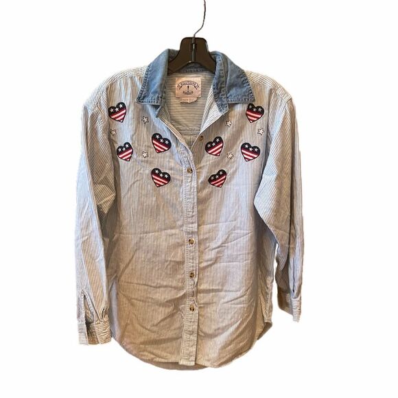 Patriotic blue white striped button collared top M - Picture 1 of 11